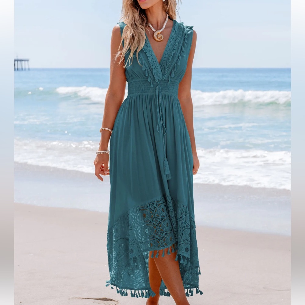 Cupshe Blue High-Low Sundress Plunge Neck Resort Wear - Picture 3 of 4